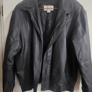 St. John Collection Black Leather Bomber Jacket, Large Tall.